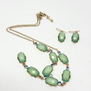 Estate Gold Tone Necklace Earring Set with Faceted Green Glass Blue rhinestones